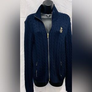 Ralph Lauren Women's Full Zip Navy Cotton Cable Knit Sweater size Large